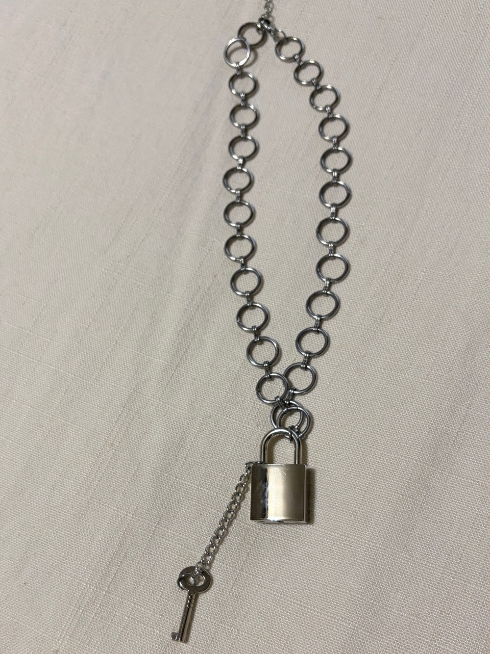 Silver Tone Circle Link Necklace with Lock & Key Charm